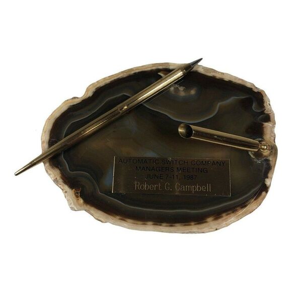 Vintage Geode Slice Gold Plated Pen Holder Customized Plate (can remove) Desk - Picture 2 of 6